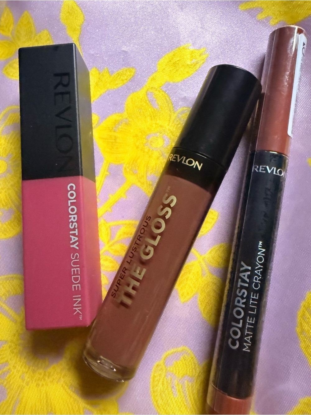 Revlon Lip Trio — Pink Suede, Mauve-Brown Gloss & Matte Crayon